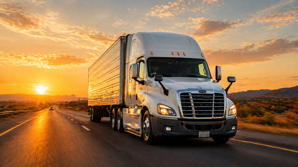 semi truck driving on highway at sunset USA